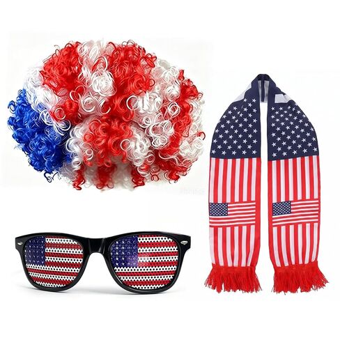 3PCS USA World Cup Costume Set, Red White Blue Afro Wig, American Flag Scarf, Sunglasses, Perfect World Soccer Cup Fans Cheer Accessories, Headband Wig for 4th of July Independence Day in Saudi Arabia
