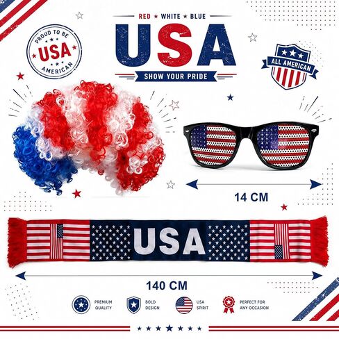 3PCS USA World Cup Costume Set, Red White Blue Afro Wig, American Flag Scarf, Sunglasses, Perfect World Soccer Cup Fans Cheer Accessories, Headband Wig for 4th of July Independence Day in Saudi Arabia