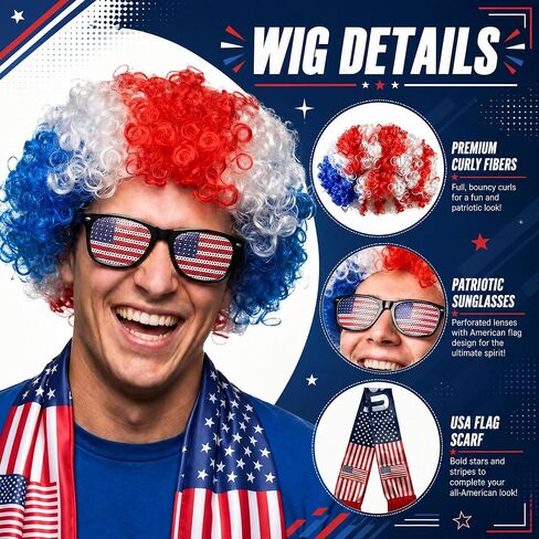 3PCS USA World Cup Costume Set, Red White Blue Afro Wig, American Flag Scarf, Sunglasses, Perfect World Soccer Cup Fans Cheer Accessories, Headband Wig for 4th of July Independence Day in Saudi Arabia