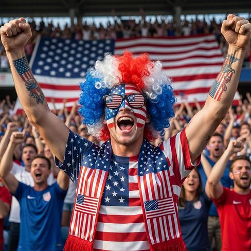 3PCS USA World Cup Costume Set, Red White Blue Afro Wig, American Flag Scarf, Sunglasses, Perfect World Soccer Cup Fans Cheer Accessories, Headband Wig for 4th of July Independence Day in Saudi Arabia