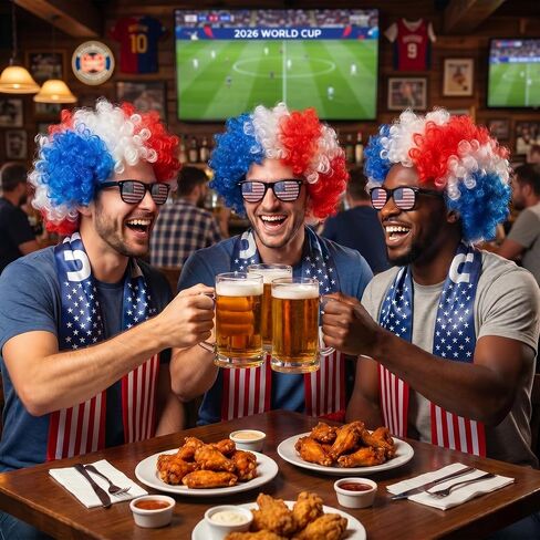 3PCS USA World Cup Costume Set, Red White Blue Afro Wig, American Flag Scarf, Sunglasses, Perfect World Soccer Cup Fans Cheer Accessories, Headband Wig for 4th of July Independence Day in Saudi Arabia