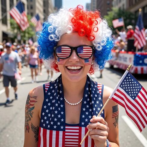 3PCS USA World Cup Costume Set, Red White Blue Afro Wig, American Flag Scarf, Sunglasses, Perfect World Soccer Cup Fans Cheer Accessories, Headband Wig for 4th of July Independence Day in Saudi Arabia