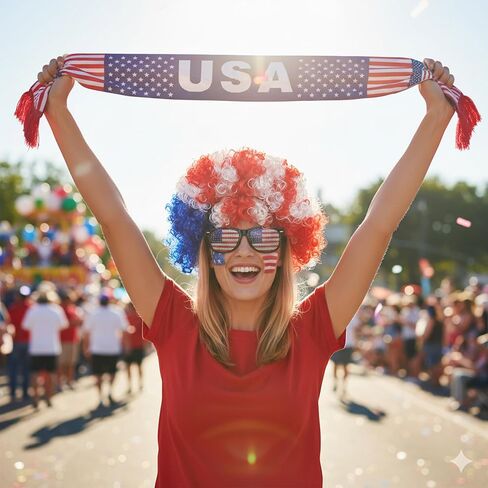 3PCS USA World Cup Costume Set, Red White Blue Afro Wig, American Flag Scarf, Sunglasses, Perfect World Soccer Cup Fans Cheer Accessories, Headband Wig for 4th of July Independence Day in Saudi Arabia