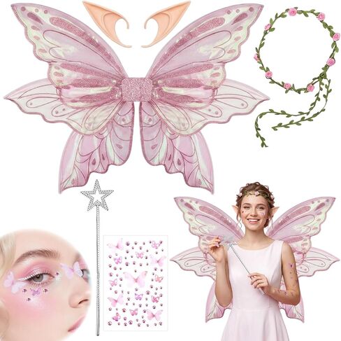 Fairy Wings, Halloween Costumes, 5 PCS Fairy Wings Adult Women Set with Pink Wing Elf Ears Flower Headband Star Wand and Butterfly Sticker, for Halloween Party and Parties Use by Those Aged 15+ in Saudi Arabia