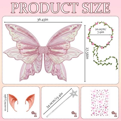 Fairy Wings, Halloween Costumes, 5 PCS Fairy Wings Adult Women Set with Pink Wing Elf Ears Flower Headband Star Wand and Butterfly Sticker, for Halloween Party and Parties Use by Those Aged 15+ in Saudi Arabia