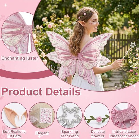 Fairy Wings, Halloween Costumes, 5 PCS Fairy Wings Adult Women Set with Pink Wing Elf Ears Flower Headband Star Wand and Butterfly Sticker, for Halloween Party and Parties Use by Those Aged 15+ in Saudi Arabia