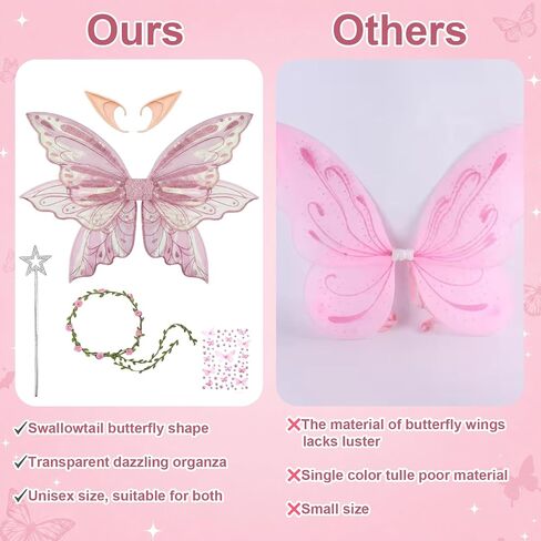 Fairy Wings, Halloween Costumes, 5 PCS Fairy Wings Adult Women Set with Pink Wing Elf Ears Flower Headband Star Wand and Butterfly Sticker, for Halloween Party and Parties Use by Those Aged 15+ in Saudi Arabia