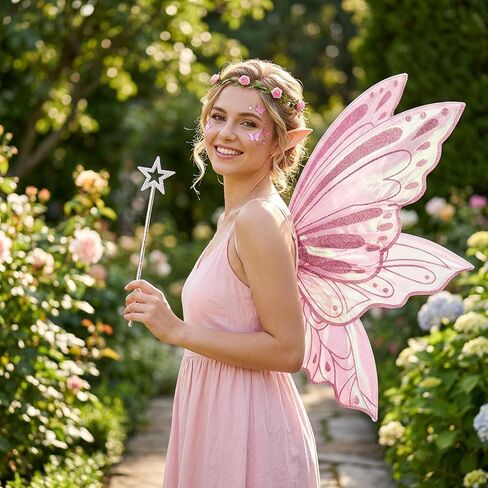 Fairy Wings, Halloween Costumes, 5 PCS Fairy Wings Adult Women Set with Pink Wing Elf Ears Flower Headband Star Wand and Butterfly Sticker, for Halloween Party and Parties Use by Those Aged 15+ in Saudi Arabia
