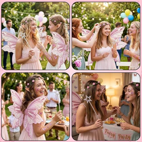 Fairy Wings, Halloween Costumes, 5 PCS Fairy Wings Adult Women Set with Pink Wing Elf Ears Flower Headband Star Wand and Butterfly Sticker, for Halloween Party and Parties Use by Those Aged 15+ in Saudi Arabia