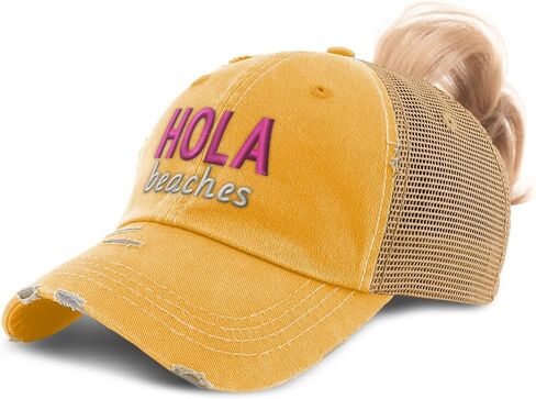 Speedy Pros Womens Ponytail Cap Hola Beaches Cotton Distressed Trucker Hats in Saudi Arabia