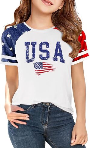 OJLPHH Boys Girls USA Shirts 4th of July American Flag Patriotic Graphic Tees Independence Day Outfit for Kids 5-13y in Saudi Arabia