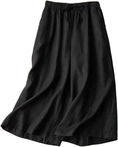 Women's Cotton Linen Cropped Wide Leg Pants Elastic Waist Casual Loose Trousers Fashion Pants with Pockets 2024 in Saudi Arabia