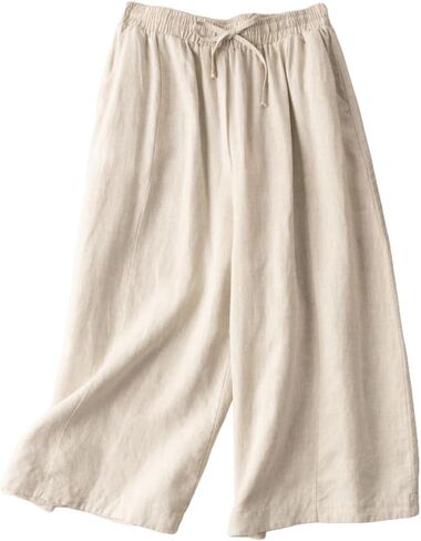 Women's Cotton Linen Cropped Wide Leg Pants Elastic Waist Casual Loose Trousers Fashion Pants with Pockets 2024 in Saudi Arabia