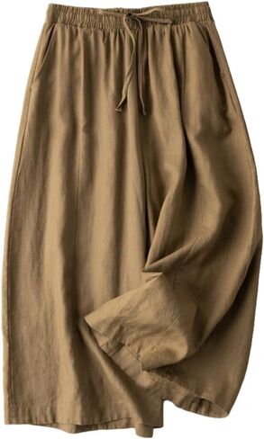 Women's Cotton Linen Cropped Wide Leg Pants Elastic Waist Casual Loose Trousers Fashion Pants with Pockets 2024 in Saudi Arabia