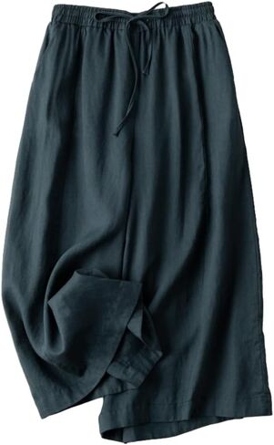 Women's Cotton Linen Cropped Wide Leg Pants Elastic Waist Casual Loose Trousers Fashion Pants with Pockets 2024 in Saudi Arabia
