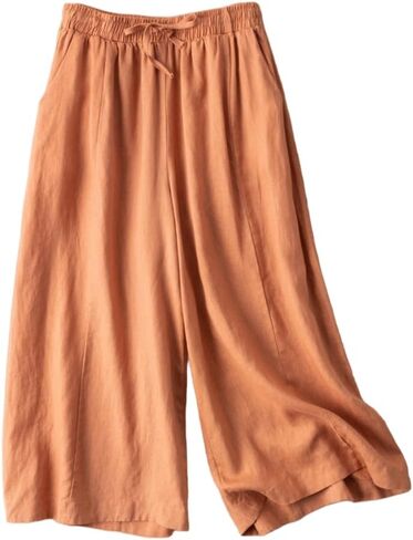 Women's Cotton Linen Cropped Wide Leg Pants Elastic Waist Casual Loose Trousers Fashion Pants with Pockets 2024 in Saudi Arabia
