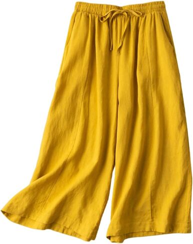 Women's Cotton Linen Cropped Wide Leg Pants Elastic Waist Casual Loose Trousers Fashion Pants with Pockets 2024 in Saudi Arabia