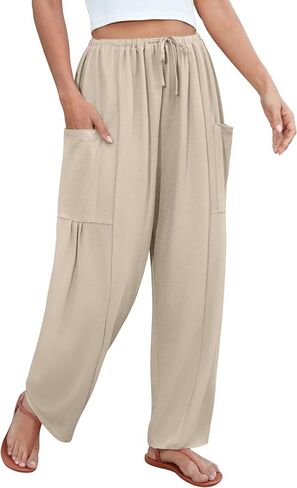 DLOODA Flowy Wide Leg Pants for Women, Drawstring Palazzo Harem Pants Casual Beach Vacation Trousers with Pockets Khaki in Saudi Arabia