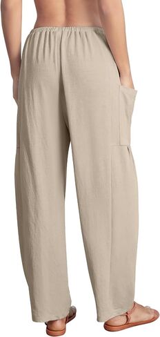 DLOODA Flowy Wide Leg Pants for Women, Drawstring Palazzo Harem Pants Casual Beach Vacation Trousers with Pockets Khaki in Saudi Arabia