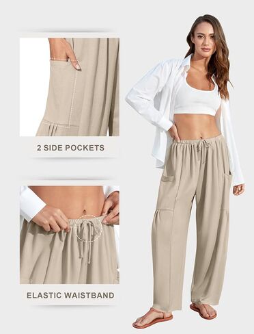 DLOODA Flowy Wide Leg Pants for Women, Drawstring Palazzo Harem Pants Casual Beach Vacation Trousers with Pockets Khaki in Saudi Arabia