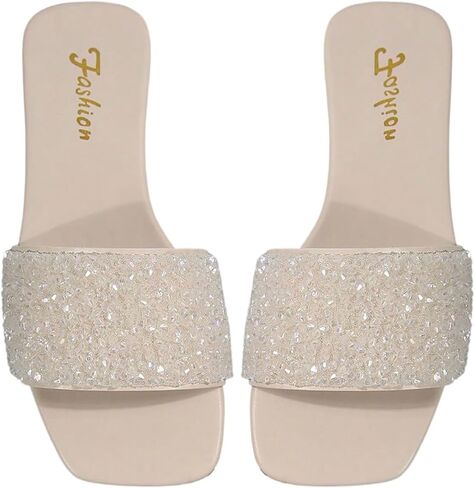 GORGLITTER Women's Rhinestone Sparkly Flat Sandals Dressy Summer Cute Square Toe Glitter Wedding Slides Shoes in Kuwait