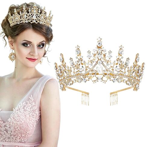 Gold Bridal Tiara for Women, Crystal Rhinestone Queen Crown with Combs, Wedding Hair Accessories for Prom Pageant Quinceanera Birthday in Kuwait