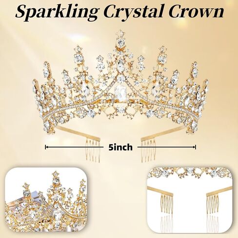 Gold Bridal Tiara for Women, Crystal Rhinestone Queen Crown with Combs, Wedding Hair Accessories for Prom Pageant Quinceanera Birthday in Kuwait
