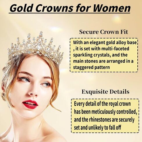 Gold Bridal Tiara for Women, Crystal Rhinestone Queen Crown with Combs, Wedding Hair Accessories for Prom Pageant Quinceanera Birthday in Kuwait