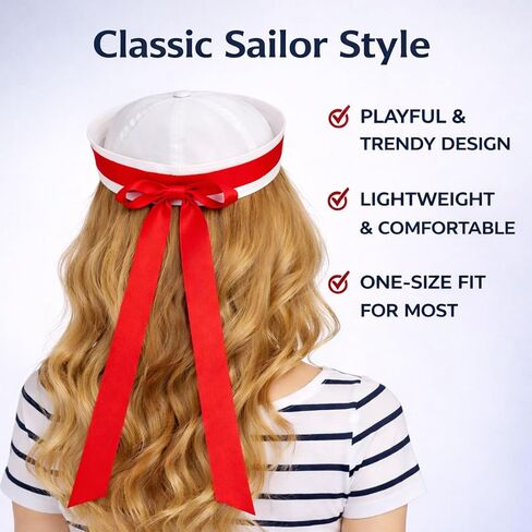 White Sailor Hat with Red Bow Ribbon for Women & Teens, Cute Nautical Sailor Cap with Gold Anchor, Yacht Captain Hat Maritime Costume Accessory for Halloween Party Cosplay Cruise Beach Outfit in Kuwait