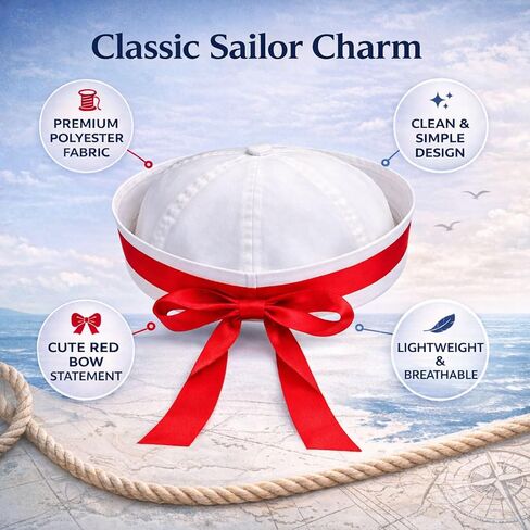 White Sailor Hat with Red Bow Ribbon for Women & Teens, Cute Nautical Sailor Cap with Gold Anchor, Yacht Captain Hat Maritime Costume Accessory for Halloween Party Cosplay Cruise Beach Outfit in Kuwait