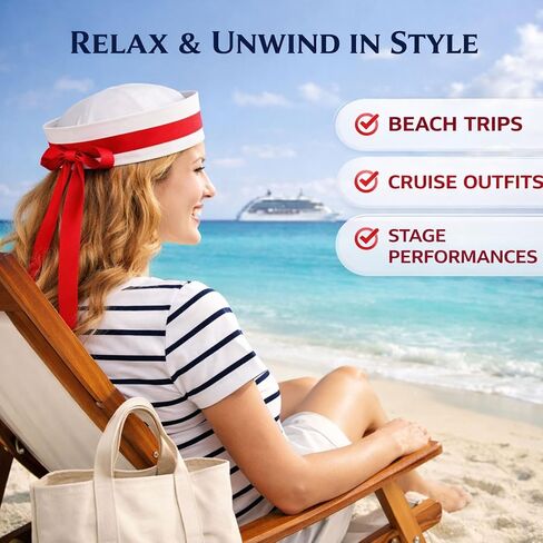 White Sailor Hat with Red Bow Ribbon for Women & Teens, Cute Nautical Sailor Cap with Gold Anchor, Yacht Captain Hat Maritime Costume Accessory for Halloween Party Cosplay Cruise Beach Outfit in Kuwait