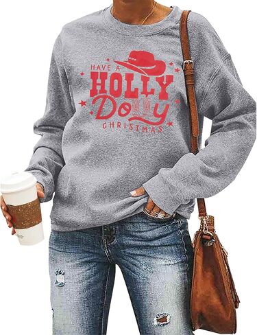 JINTING Christmas Sweatshirt for Women Holly Dolly Christmas Pullover Sweatshirts Xmas Graphic Long Sleeve Tops in Kuwait