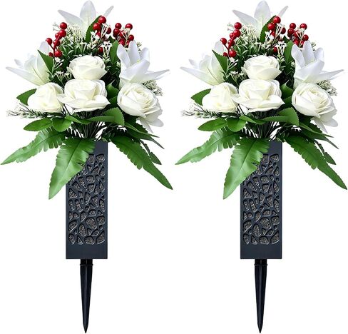 Artificial Cemetery Flowers, 2 Pcs Lily Rose Flowers with Ground Stake Vases for Grave, Memorial Faux Floral Bouquet for Outdoor Garden Patio Yard Grave Cemetery Decor in Saudi Arabia