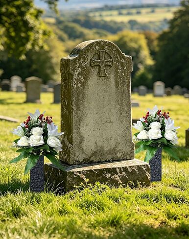 Artificial Cemetery Flowers, 2 Pcs Lily Rose Flowers with Ground Stake Vases for Grave, Memorial Faux Floral Bouquet for Outdoor Garden Patio Yard Grave Cemetery Decor in Saudi Arabia