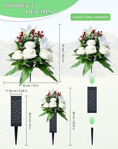 Artificial Cemetery Flowers, 2 Pcs Lily Rose Flowers with Ground Stake Vases for Grave, Memorial Faux Floral Bouquet for Outdoor Garden Patio Yard Grave Cemetery Decor in Saudi Arabia