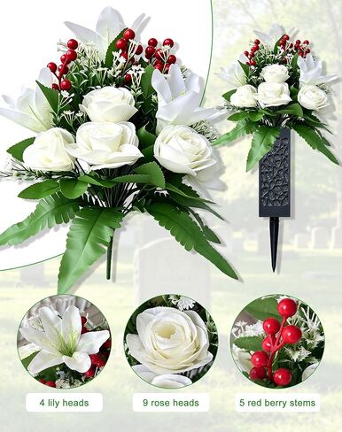 Artificial Cemetery Flowers, 2 Pcs Lily Rose Flowers with Ground Stake Vases for Grave, Memorial Faux Floral Bouquet for Outdoor Garden Patio Yard Grave Cemetery Decor in Saudi Arabia