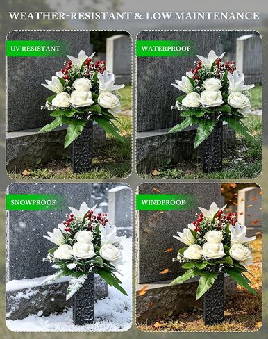 Artificial Cemetery Flowers, 2 Pcs Lily Rose Flowers with Ground Stake Vases for Grave, Memorial Faux Floral Bouquet for Outdoor Garden Patio Yard Grave Cemetery Decor in Saudi Arabia