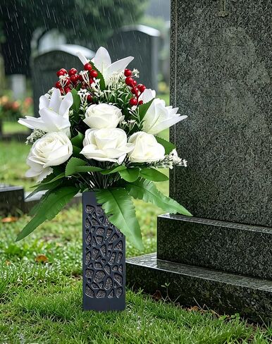 Artificial Cemetery Flowers, 2 Pcs Lily Rose Flowers with Ground Stake Vases for Grave, Memorial Faux Floral Bouquet for Outdoor Garden Patio Yard Grave Cemetery Decor in Saudi Arabia