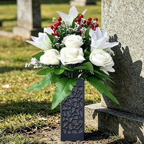 Artificial Cemetery Flowers, 2 Pcs Lily Rose Flowers with Ground Stake Vases for Grave, Memorial Faux Floral Bouquet for Outdoor Garden Patio Yard Grave Cemetery Decor in Saudi Arabia