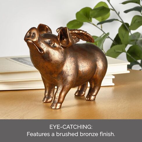 Elements Bronze Winged Flying Pig Figurine - 7 in Decorative Resin Statue with Brushed Bronze Finish - Whimsical Home Decor Sculpture, Room Decor Gift in Kuwait