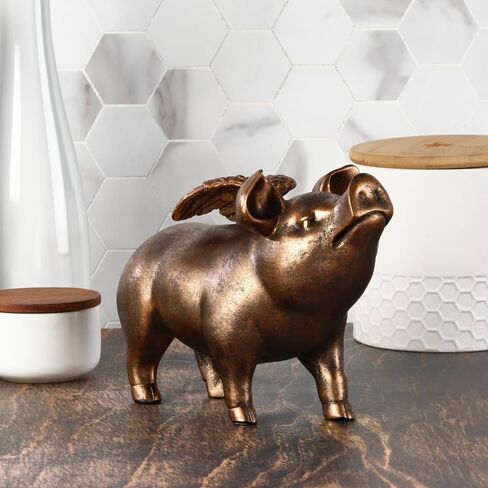 Elements Bronze Winged Flying Pig Figurine - 7 in Decorative Resin Statue with Brushed Bronze Finish - Whimsical Home Decor Sculpture, Room Decor Gift in Kuwait