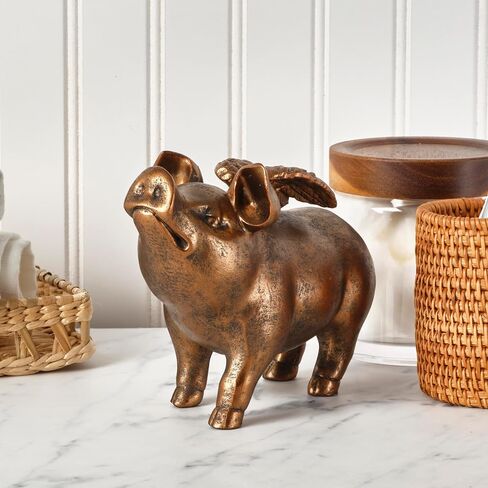 Elements Bronze Winged Flying Pig Figurine - 7 in Decorative Resin Statue with Brushed Bronze Finish - Whimsical Home Decor Sculpture, Room Decor Gift in Kuwait