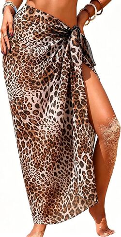 Women Leopard Print Sheer Chiffon Long Sarong Wraps Bikni Bathing Suit Swimsuit Beach Cover Up Pareo in Saudi Arabia