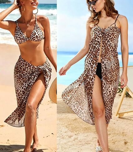 Women Leopard Print Sheer Chiffon Long Sarong Wraps Bikni Bathing Suit Swimsuit Beach Cover Up Pareo in Saudi Arabia
