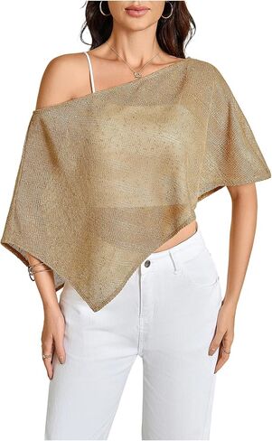 GORGLITTER Women's Crochet Knit Poncho Sheer Off One Shoulder Asymmetric Cover Up Dolman Sleeve Shrug Pullover Sweater in Kuwait