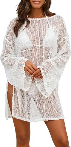Ahtyeo Women Sexy Crochet Sheer Kaftan Caftan Beach Dress Mesh Knit Bathing Suit Swim Coverup One Piece in Saudi Arabia