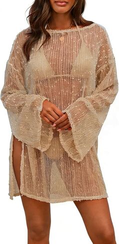 Ahtyeo Women Sexy Crochet Sheer Kaftan Caftan Beach Dress Mesh Knit Bathing Suit Swim Coverup One Piece in Saudi Arabia