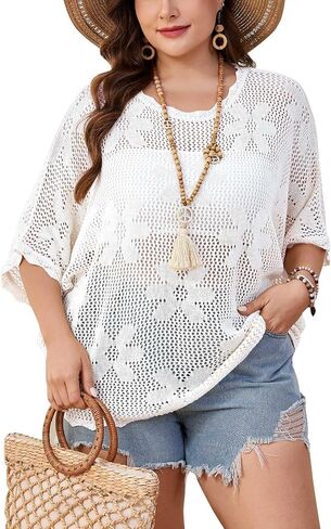 Womens Plus Size Floral Crochet Tops Crew Neck Dolman Sleeve Cover Up L-4XL in Saudi Arabia