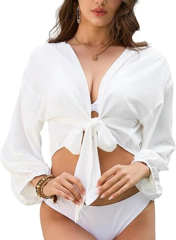 Women's Swimwear Cover Up Tie Front Long Sleeve Beach Shirt Bikini Bathing Suit Cropped Sunscreen Vacation Top in Kuwait