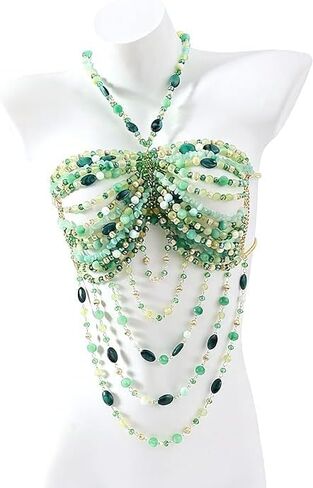 Beads Body Chain Mermaid Top Rave Outfit Body Mermaid Costume Beaded Bra Bralette Waist Body Jewelry for Women for Boho Festival Clubbing (Green） in Saudi Arabia